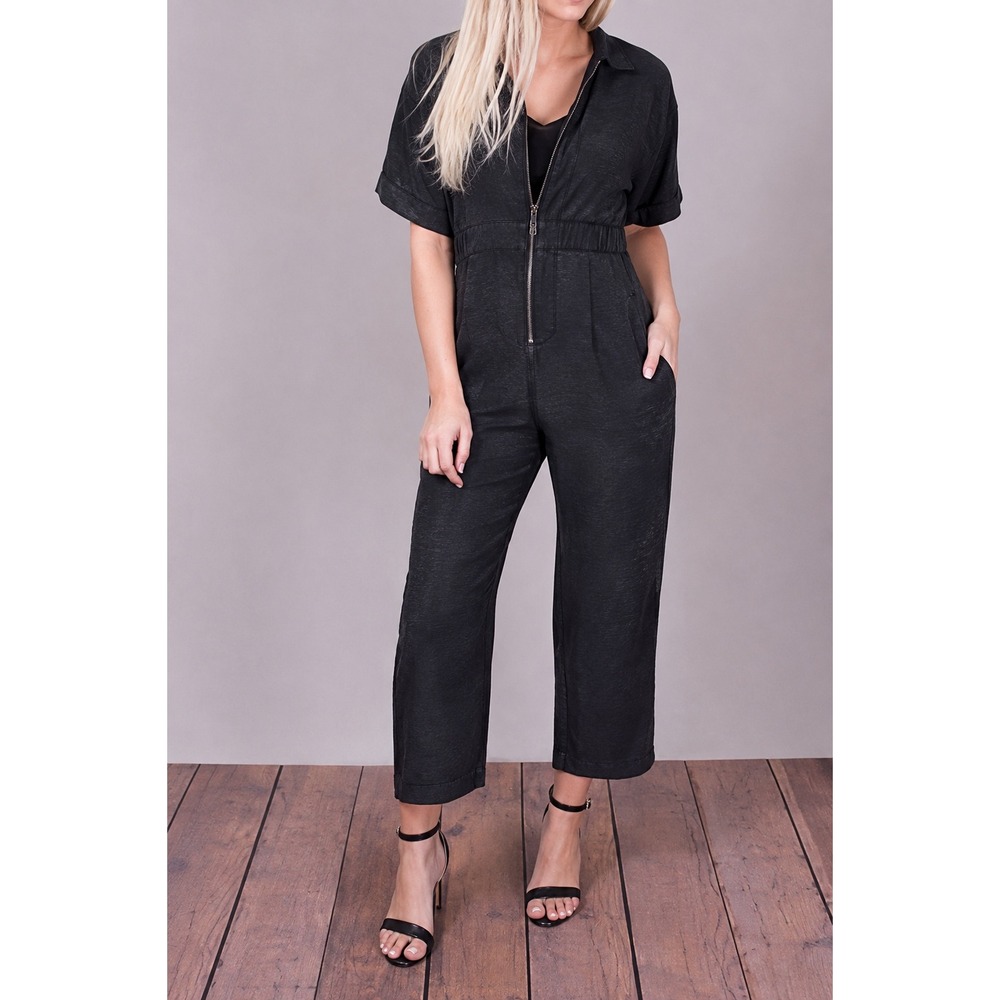 Stillwater 90s Crush Jumpsuit Black Washed Satin Zip Front Boiler Style XS